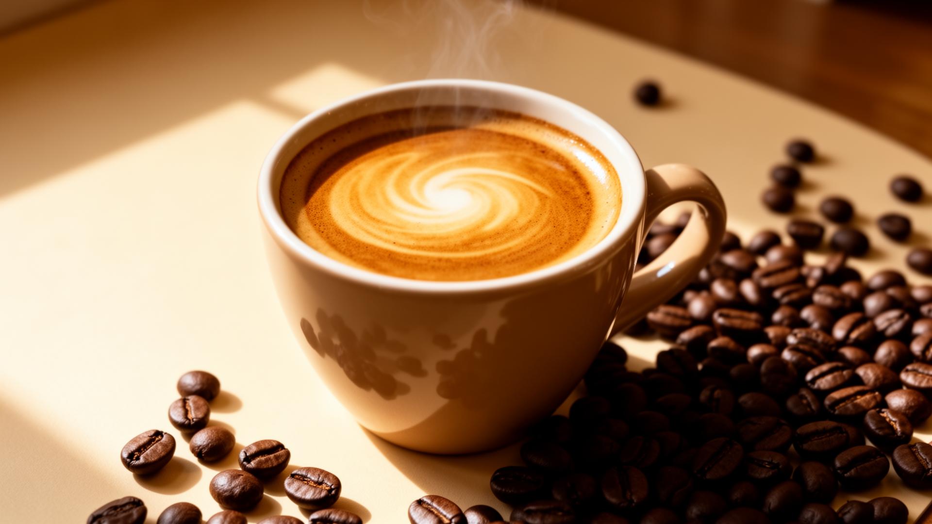 Lækkert friskbrygget espresso med gylden crema og kaffebønner